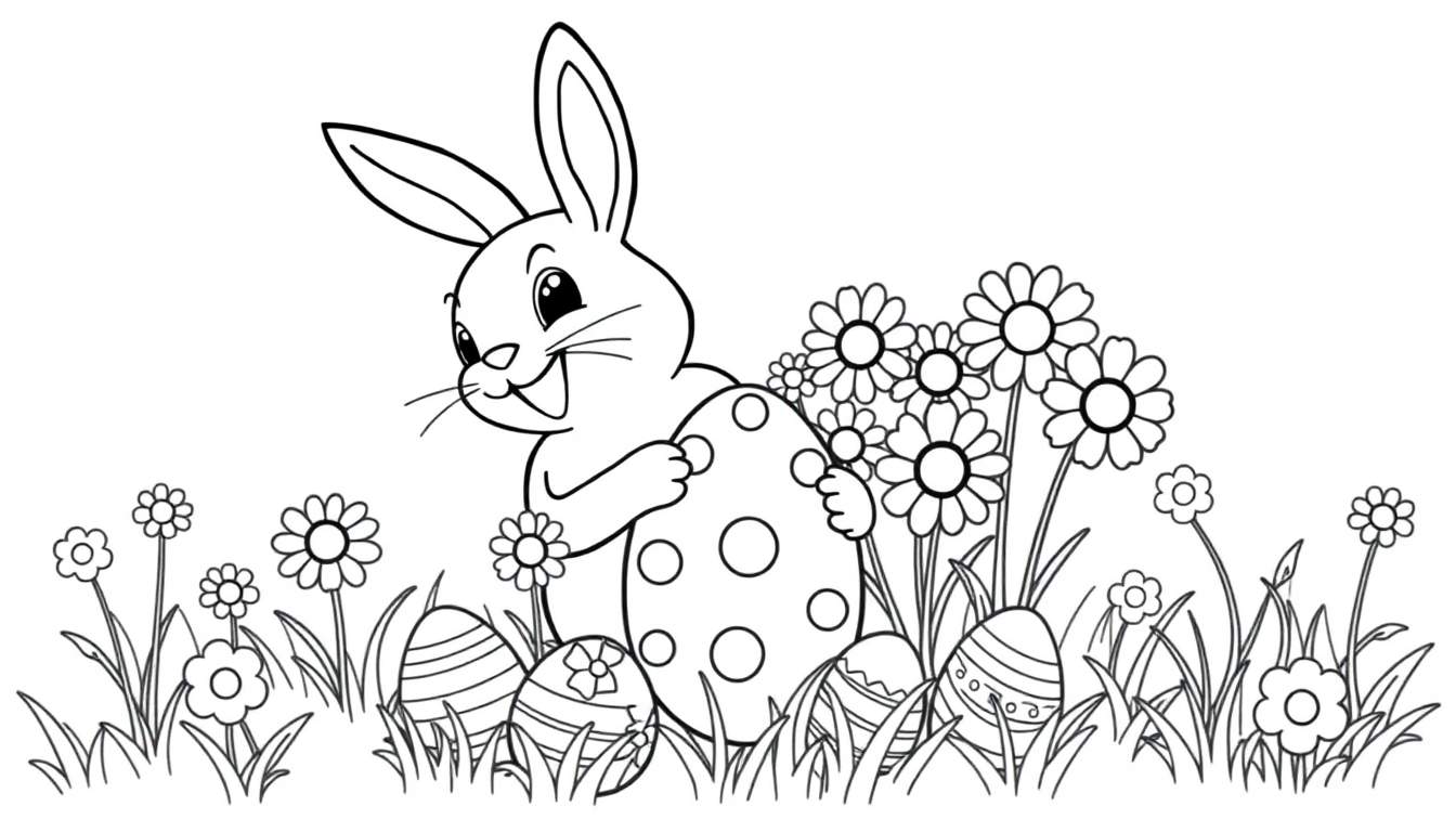A black and white coloring panel featuring a cartoon bunny holding a large decorated Easter egg, surrounded by flowers and smaller eggs.