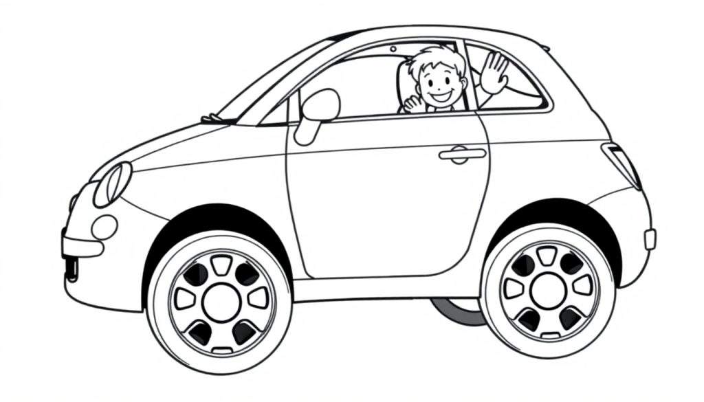 A cute black and white Fiat 500 coloring page for kids, a happy driver waves from the window, perfect for a color panel.