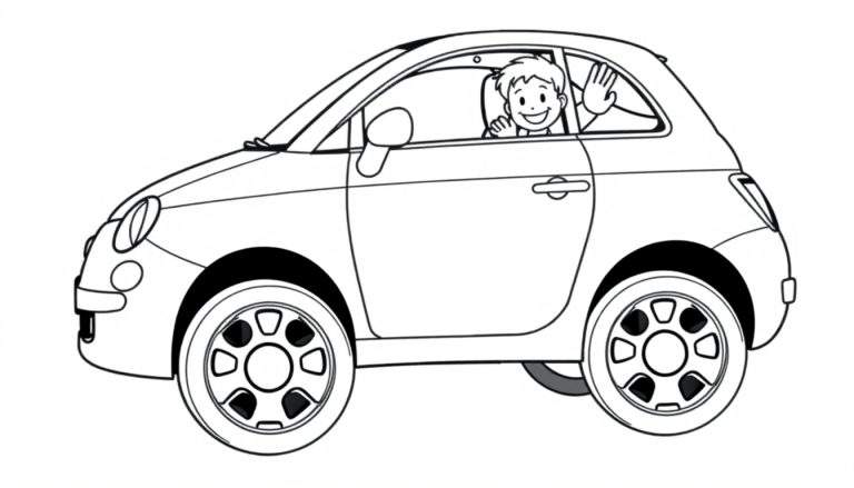 A cute black and white Fiat 500 coloring page for kids, a happy driver waves from the window, perfect for a color panel.