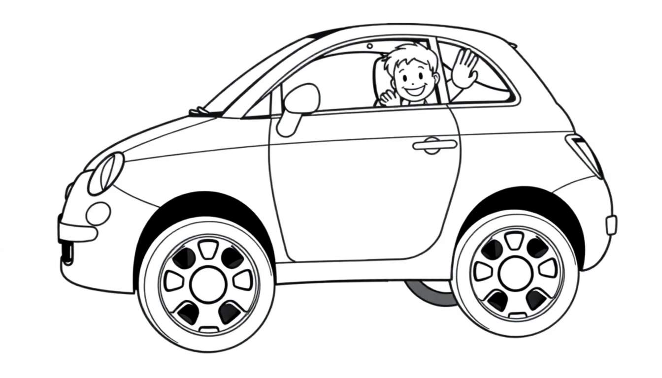 A cute black and white Fiat 500 coloring page for kids, a happy driver waves from the window, perfect for a color panel.