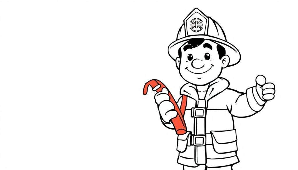 A cheerful cartoon firefighter in a black and white outline, holding a red tool and giving a thumbs-up. A fun color panel for kids!