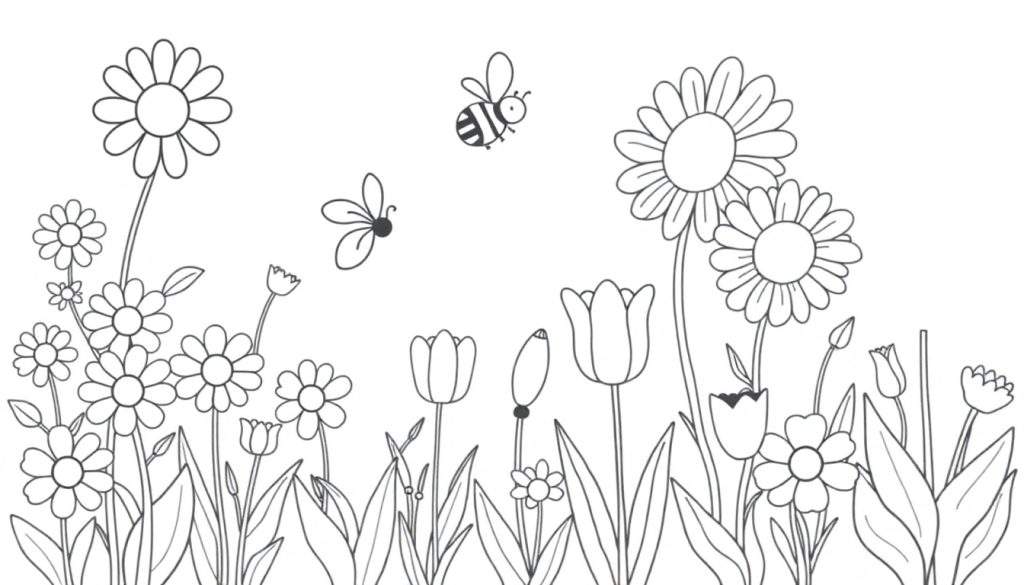 A black and white color panel of a cheerful garden with simple flowers like daisies and tulips, and two flying insects, one a bee.