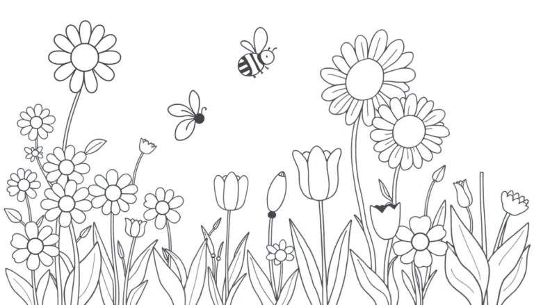 A black and white color panel of a cheerful garden with simple flowers like daisies and tulips, and two flying insects, one a bee.