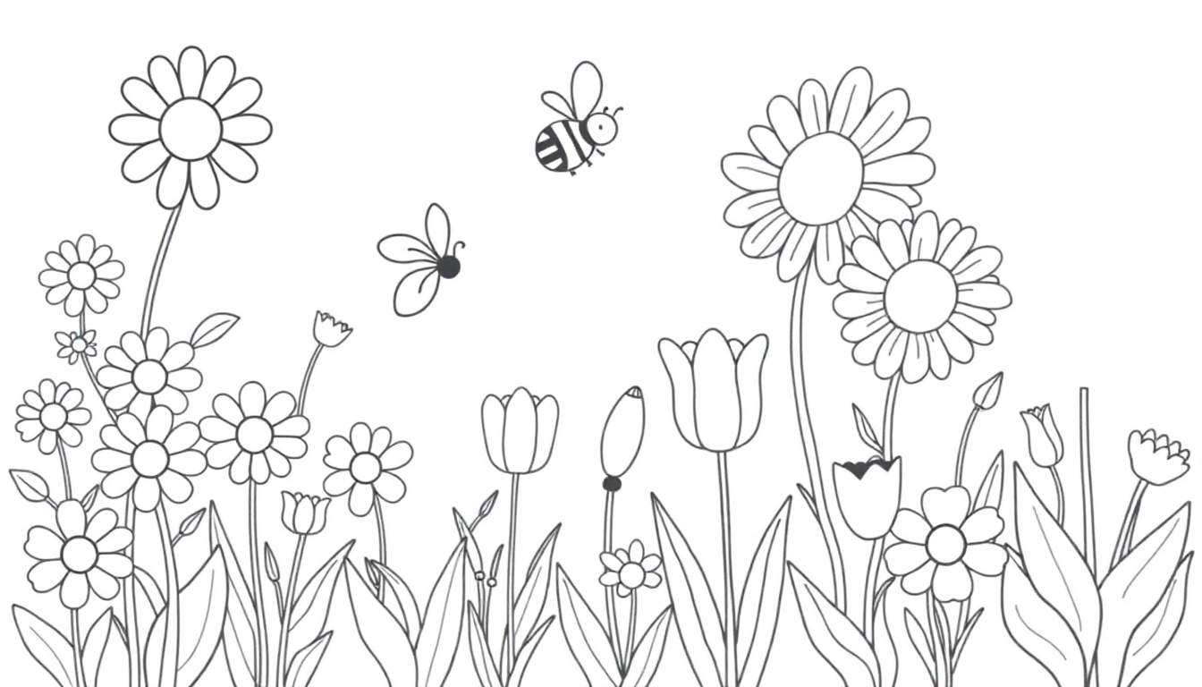 A black and white color panel of a cheerful garden with simple flowers like daisies and tulips, and two flying insects, one a bee.