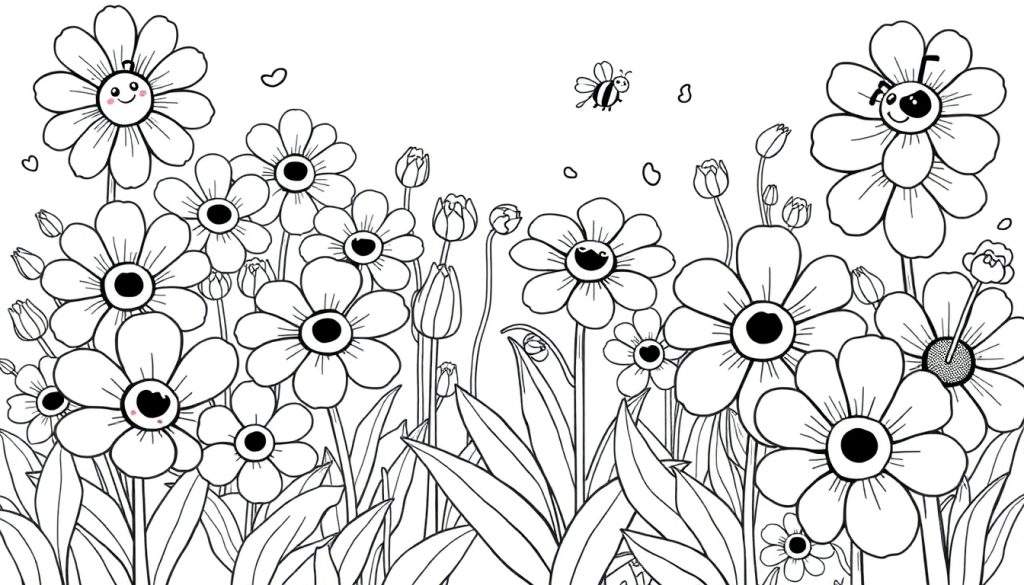 A black and white coloring panel of a garden filled with happy flowers, some with faces, a bee, and hearts in the sky.