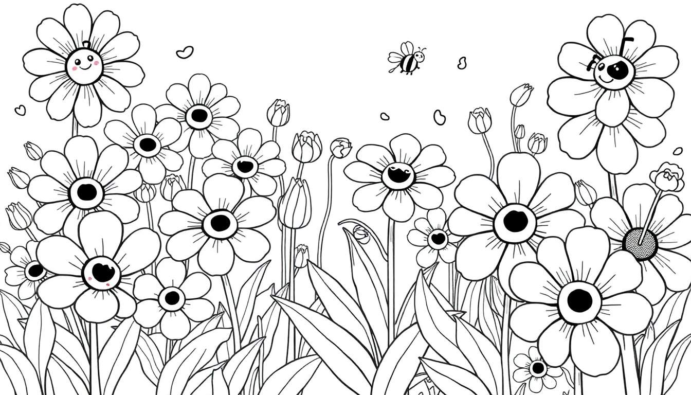 A black and white coloring panel of a garden filled with happy flowers, some with faces, a bee, and hearts in the sky.
