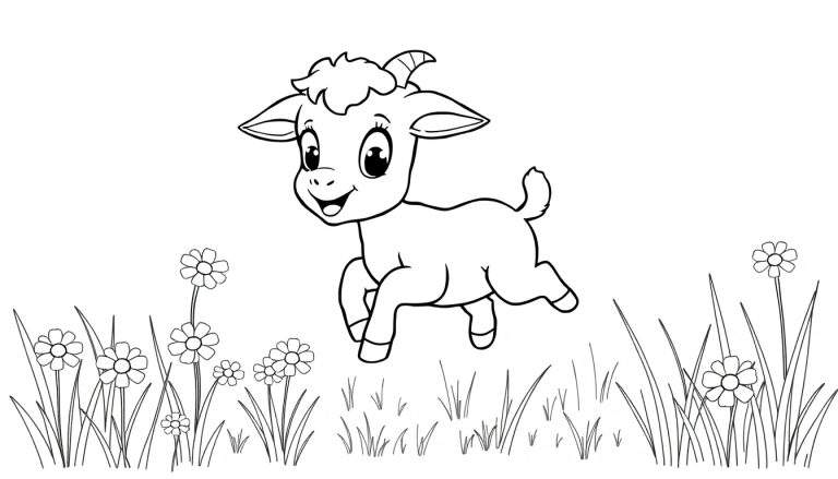 A cartoon goat leaping in a field of daisies, ready for a color panel.