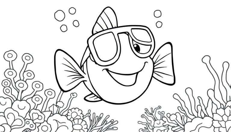 A black and white cartoon drawing of a smiling fish wearing tiny goggles, ready for coloring in this color panel.