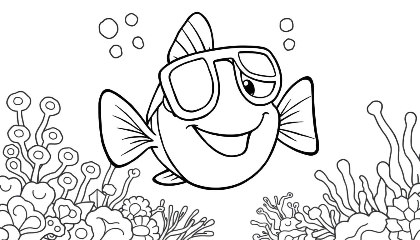 A black and white cartoon drawing of a smiling fish wearing tiny goggles, ready for coloring in this color panel.
