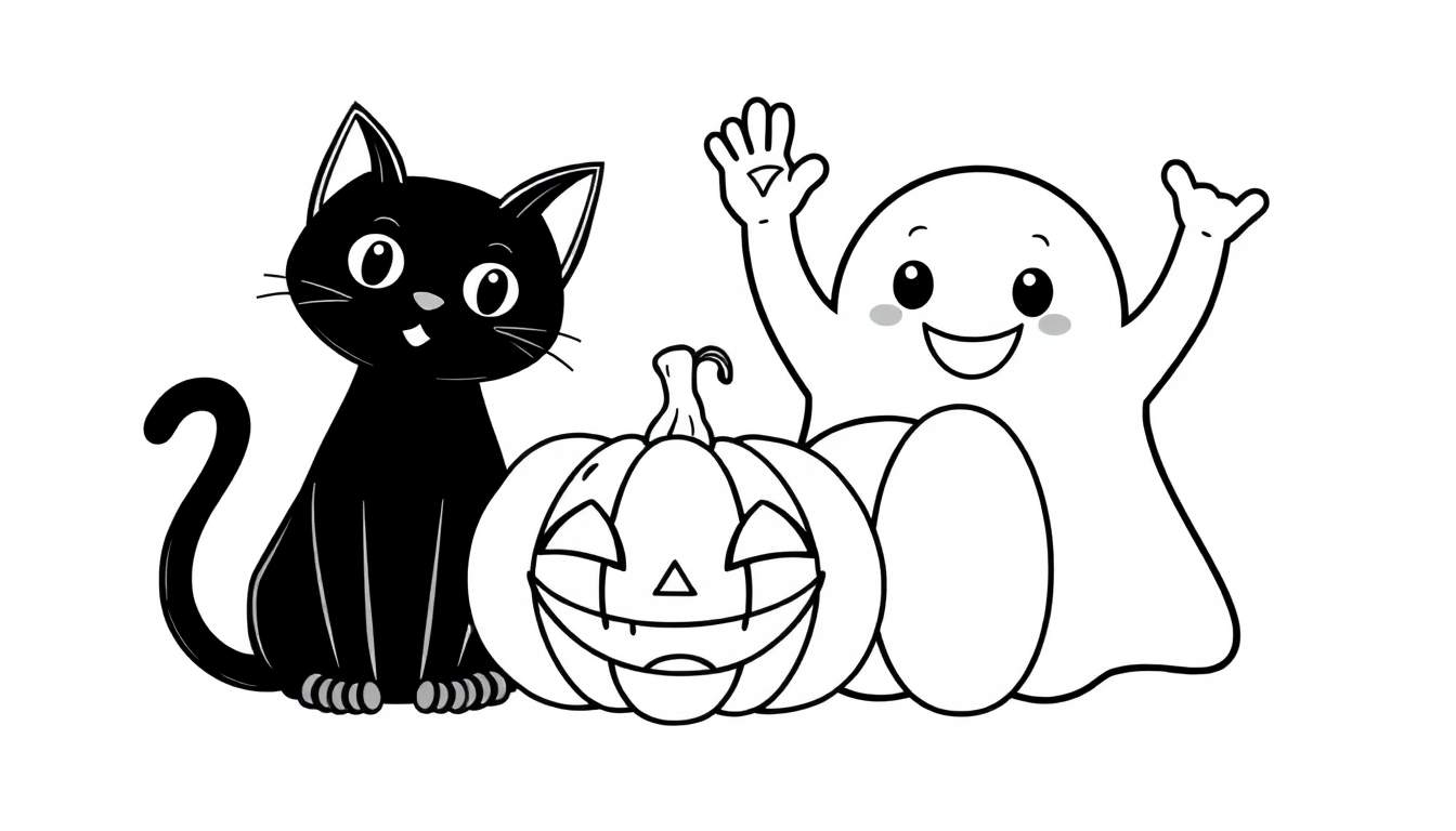 A black and white coloring page featuring a cute black cat, a smiling pumpkin, and a friendly ghost. This color panel is ready for fun!
