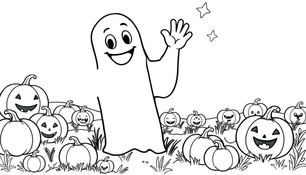 A friendly ghost with stars above it waving hello in a pumpkin patch, a black and white coloring panel.