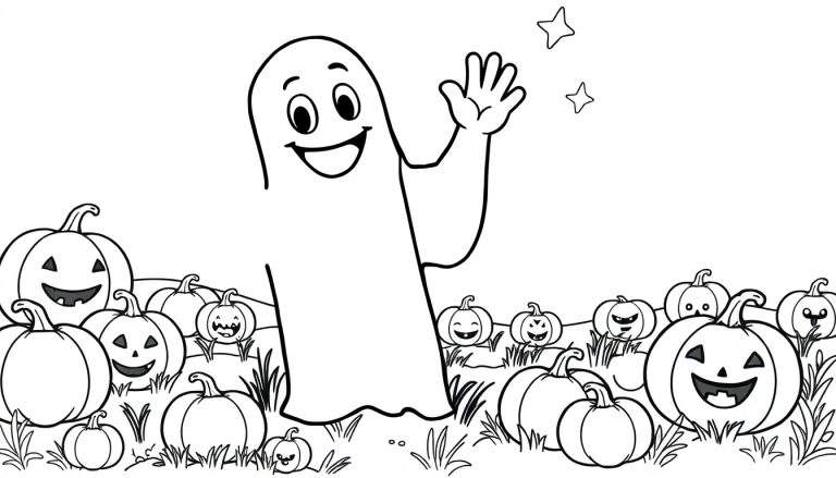 A friendly ghost with stars above it waving hello in a pumpkin patch, a black and white coloring panel.