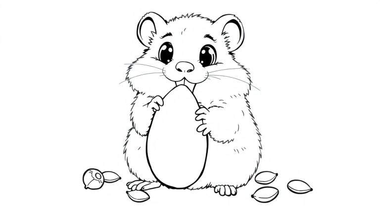 A cute hamster is ready to munch on a sunflower seed, a fun coloring panel.