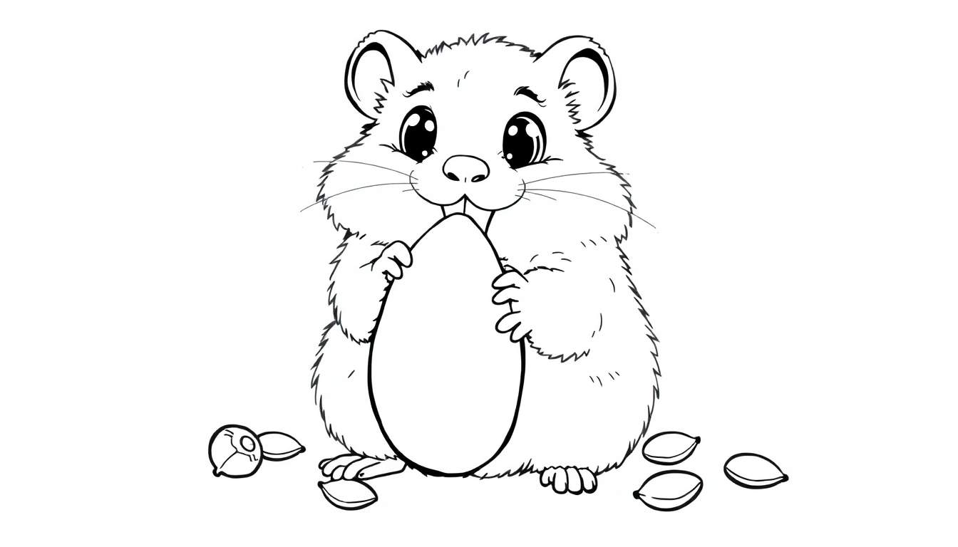 A cute hamster is ready to munch on a sunflower seed, a fun coloring panel.