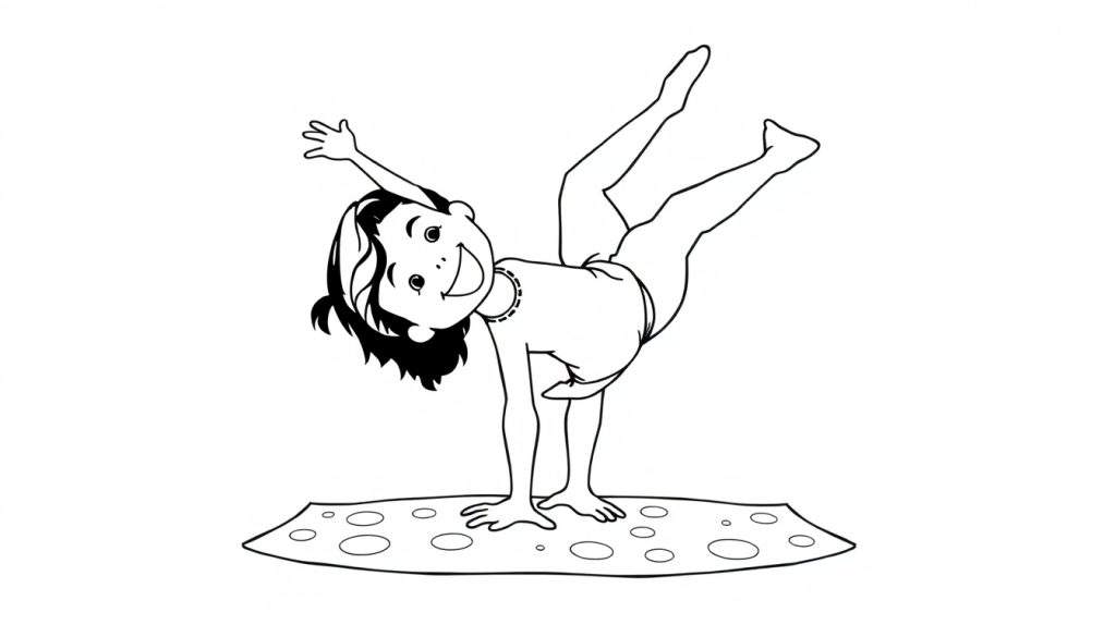A black and white drawing of a happy child doing a handstand on a circle-patterned mat, wearing a necklace and raising one hand, with a color panel.