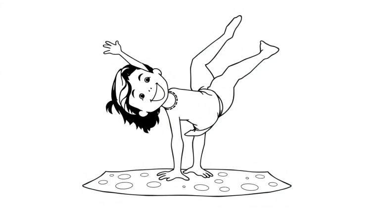A black and white drawing of a happy child doing a handstand on a circle-patterned mat, wearing a necklace and raising one hand, with a color panel.