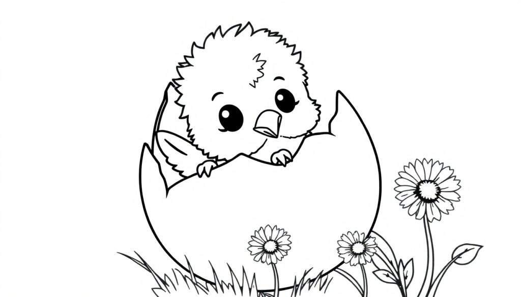 A cute chick hatching from an egg, ready for a color panel.