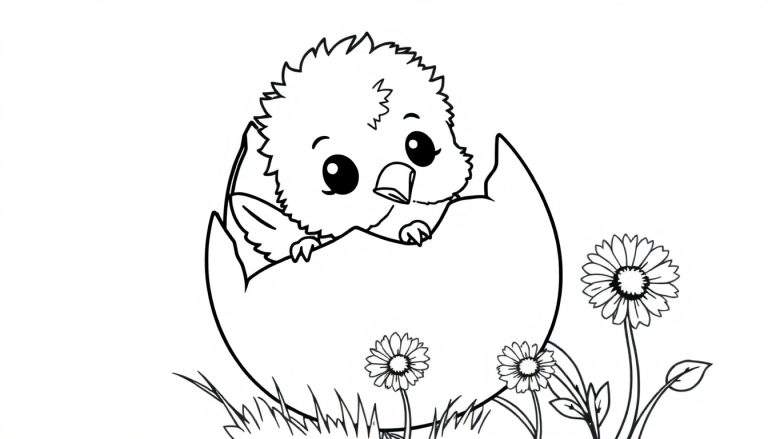 A cute chick hatching from an egg, ready for a color panel.