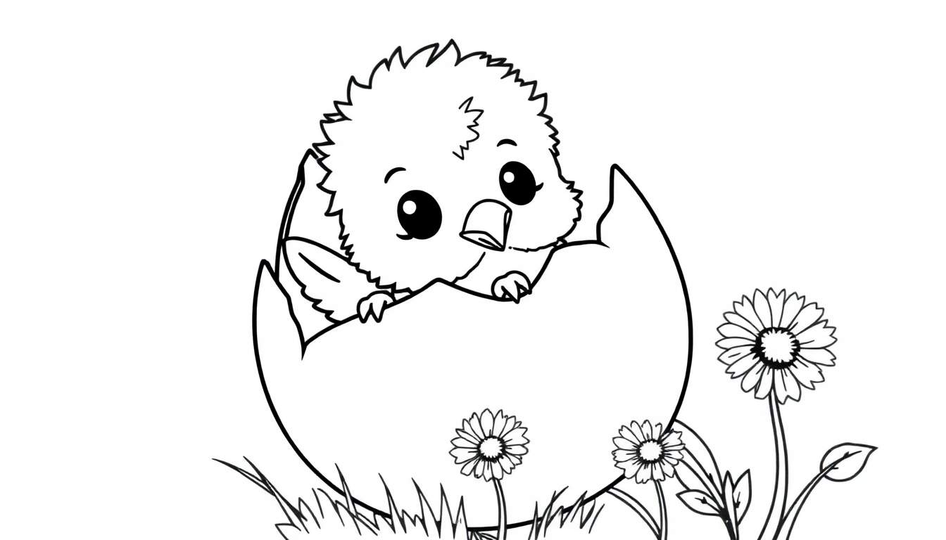 A cute chick hatching from an egg, ready for a color panel.