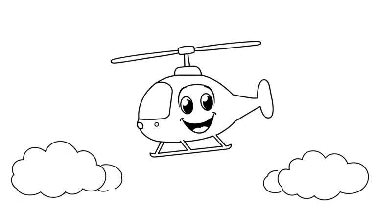 A cheerful black and white cartoon helicopter is flying through clouds, ready for a color panel.