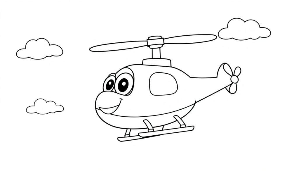 A friendly toy helicopter smiling in a black and white color panel, ready for kids to color.
