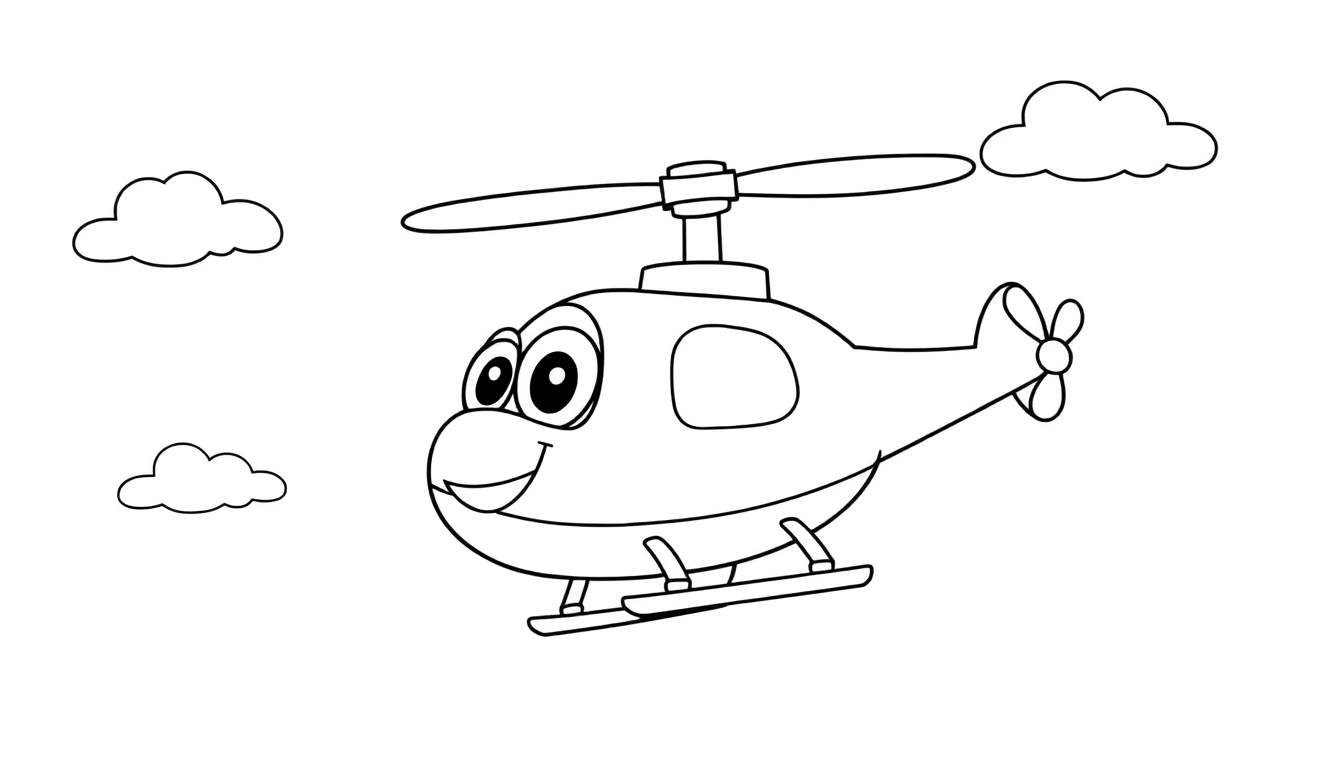 A friendly toy helicopter smiling in a black and white color panel, ready for kids to color.