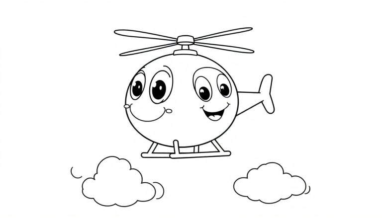A friendly cartoon helicopter with big eyes and a smile, in a black and white color panel, ready to be colored.