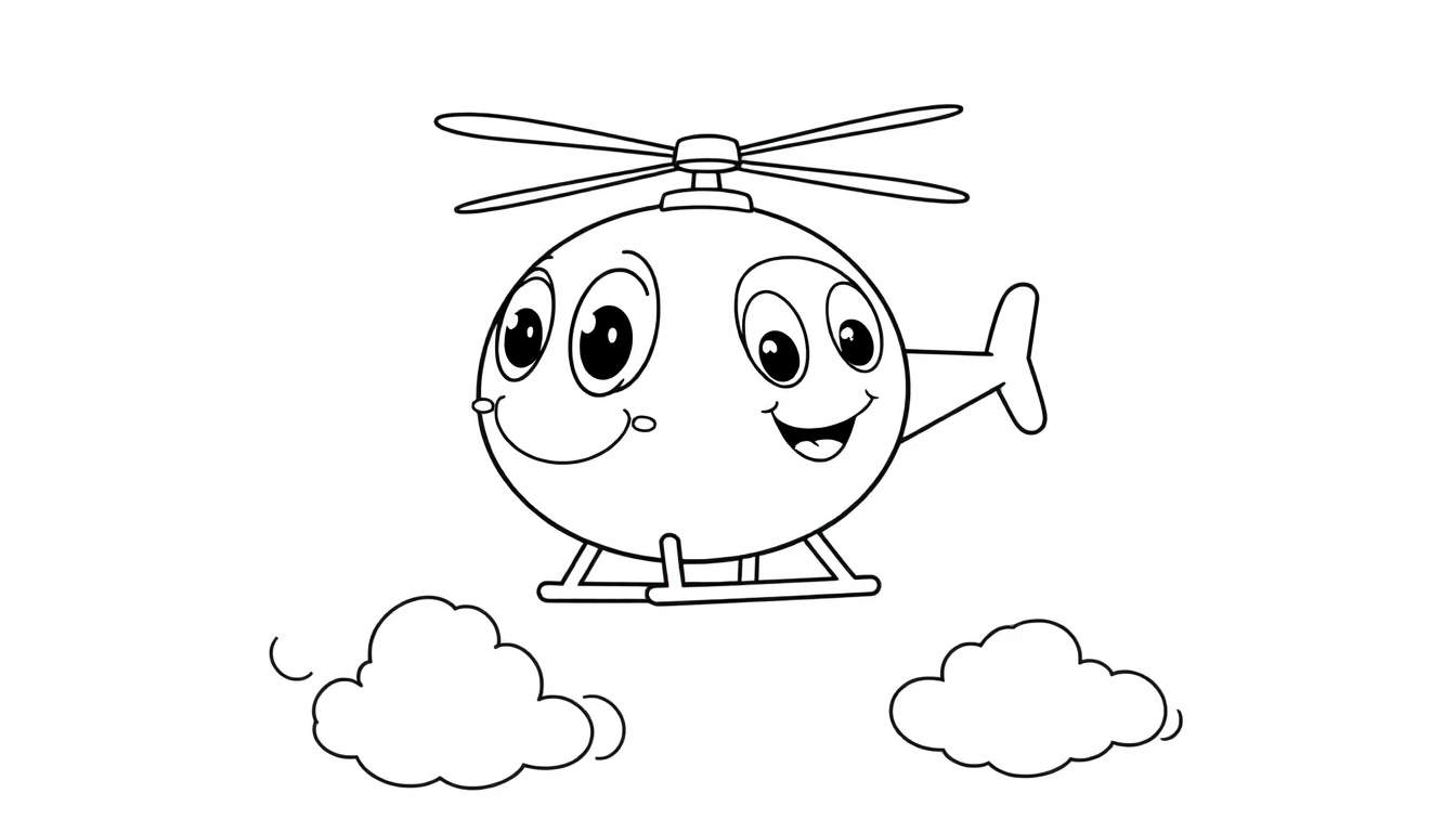A friendly cartoon helicopter with big eyes and a smile, in a black and white color panel, ready to be colored.