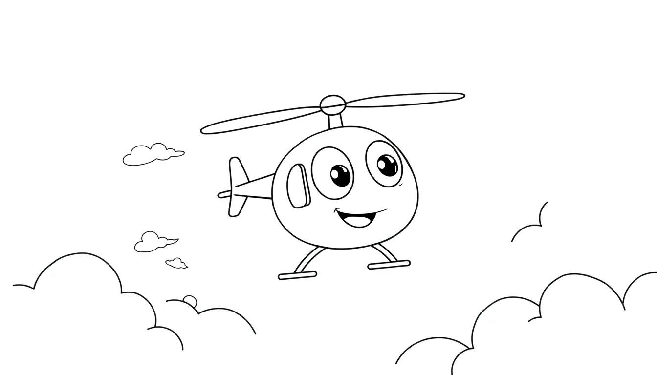 A friendly black and white cartoon helicopter with big eyes, ready for its color panel.