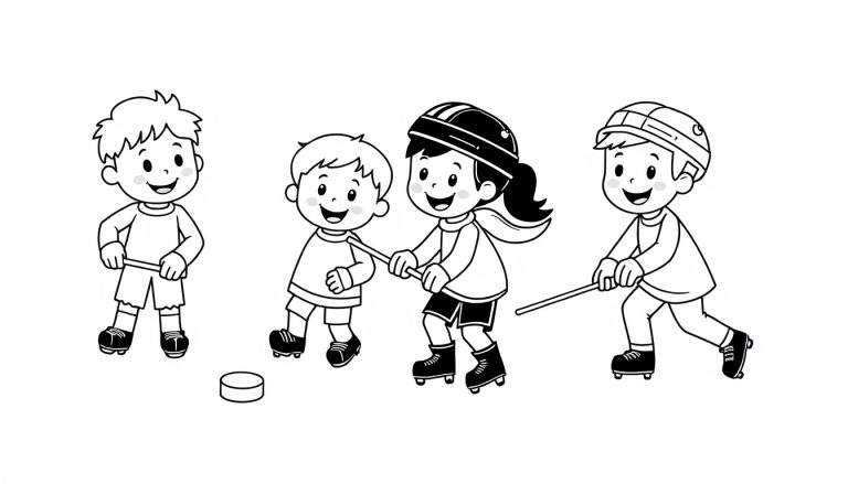 A cheerful color panel of four kids playing street hockey, some on skates, with sticks and a puck, ready for coloring fun!