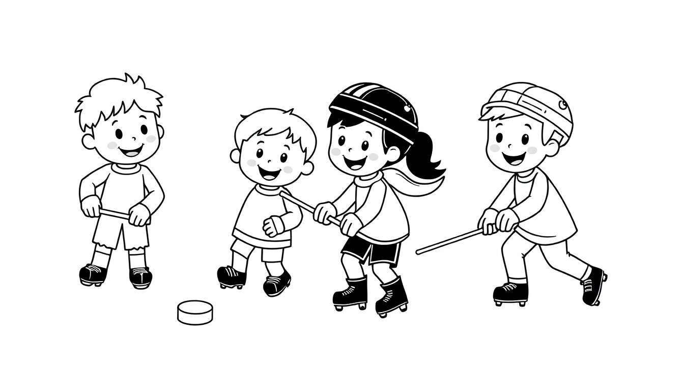 A cheerful color panel of four kids playing street hockey, some on skates, with sticks and a puck, ready for coloring fun!