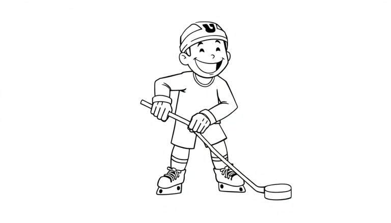 A black and white outline drawing of a young boy in ice skates, wearing a helmet with a 'U' on it, gloves, and holding a hockey stick, ready to hit a puck. This color panel is perfect for adding your own vibrant colors!