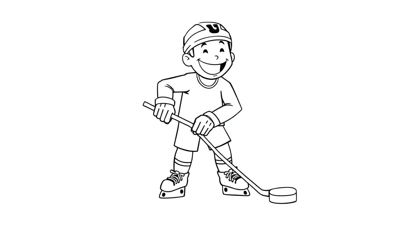 A black and white outline drawing of a young boy in ice skates, wearing a helmet with a 'U' on it, gloves, and holding a hockey stick, ready to hit a puck. This color panel is perfect for adding your own vibrant colors!