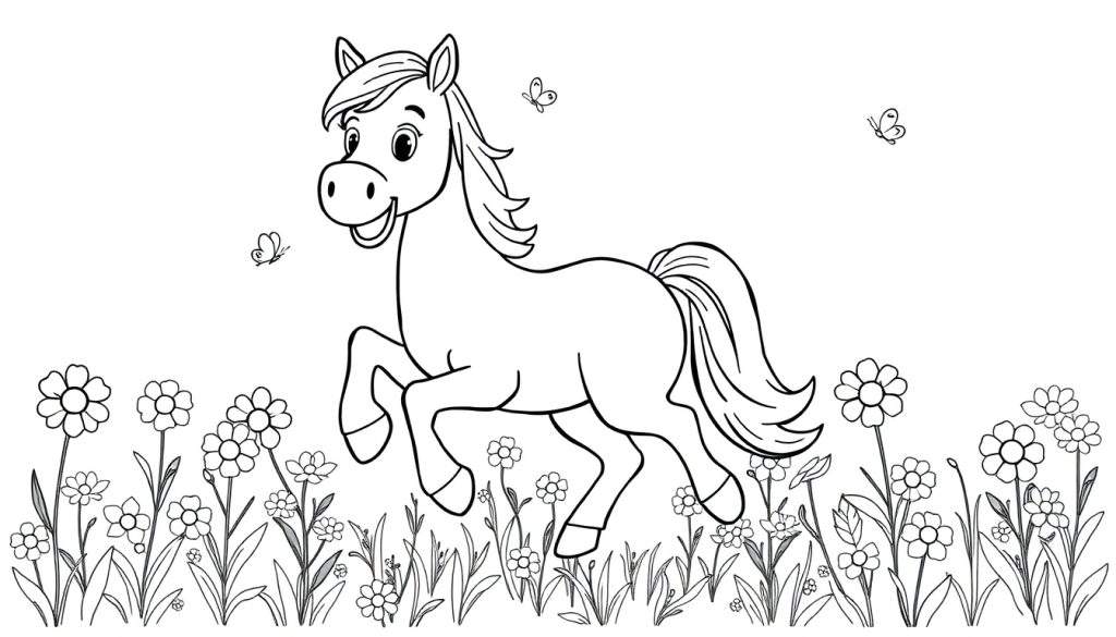 A happy cartoon horse prancing in a field of flowers, ready for a color panel adventure.