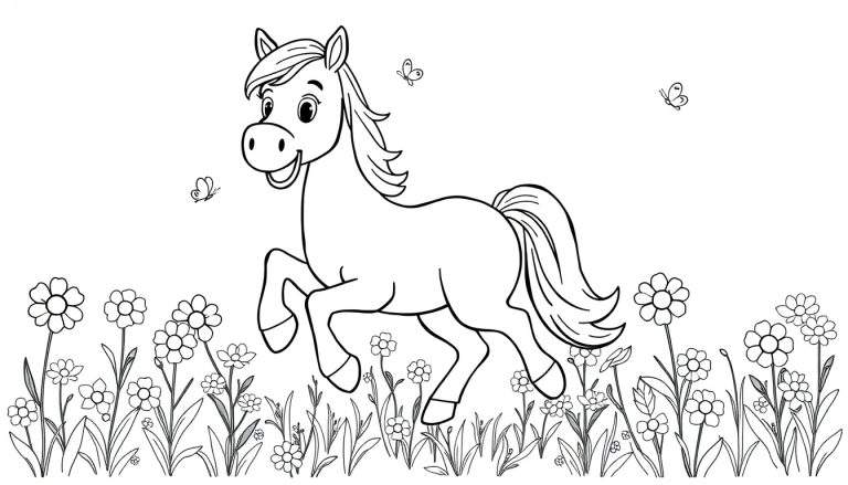 A happy cartoon horse prancing in a field of flowers, ready for a color panel adventure.
