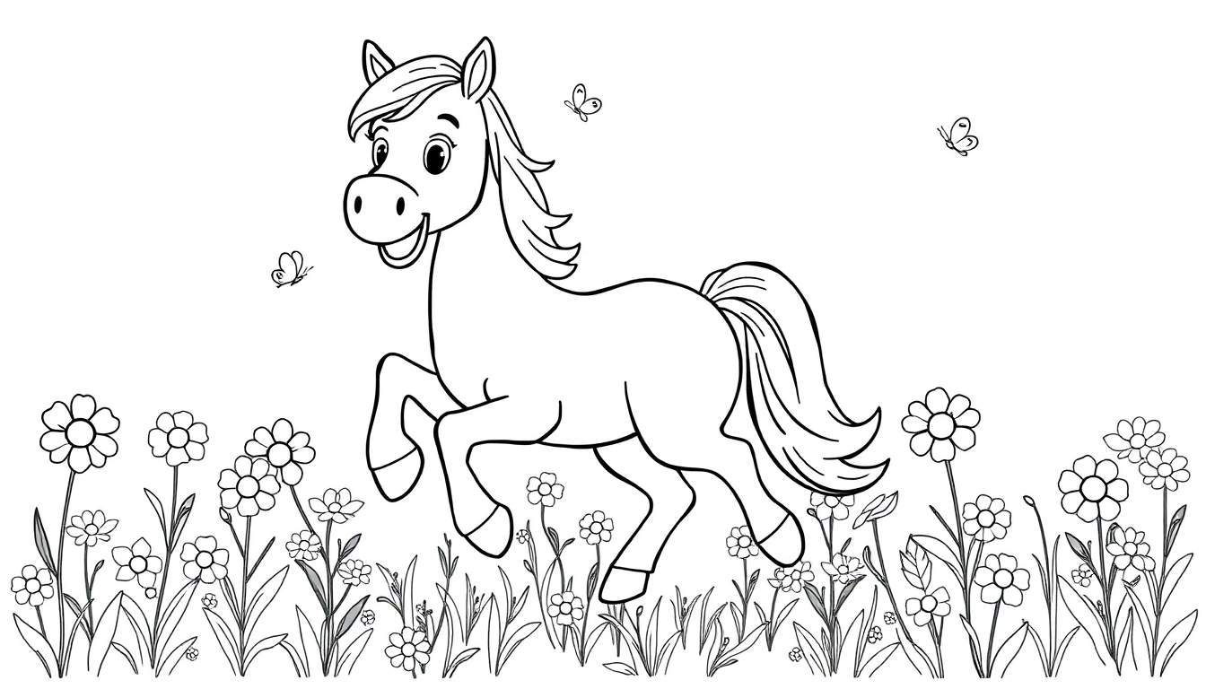 A happy cartoon horse prancing in a field of flowers, ready for a color panel adventure.