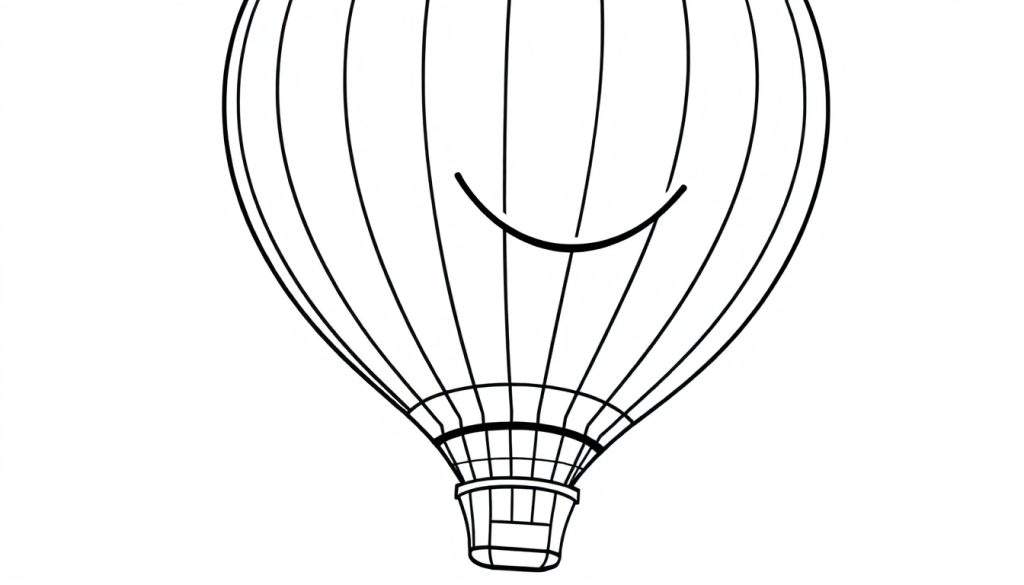 A simple black and white line drawing of a happy hot air balloon, ready for a color panel.