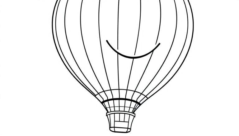 A simple black and white line drawing of a happy hot air balloon, ready for a color panel.