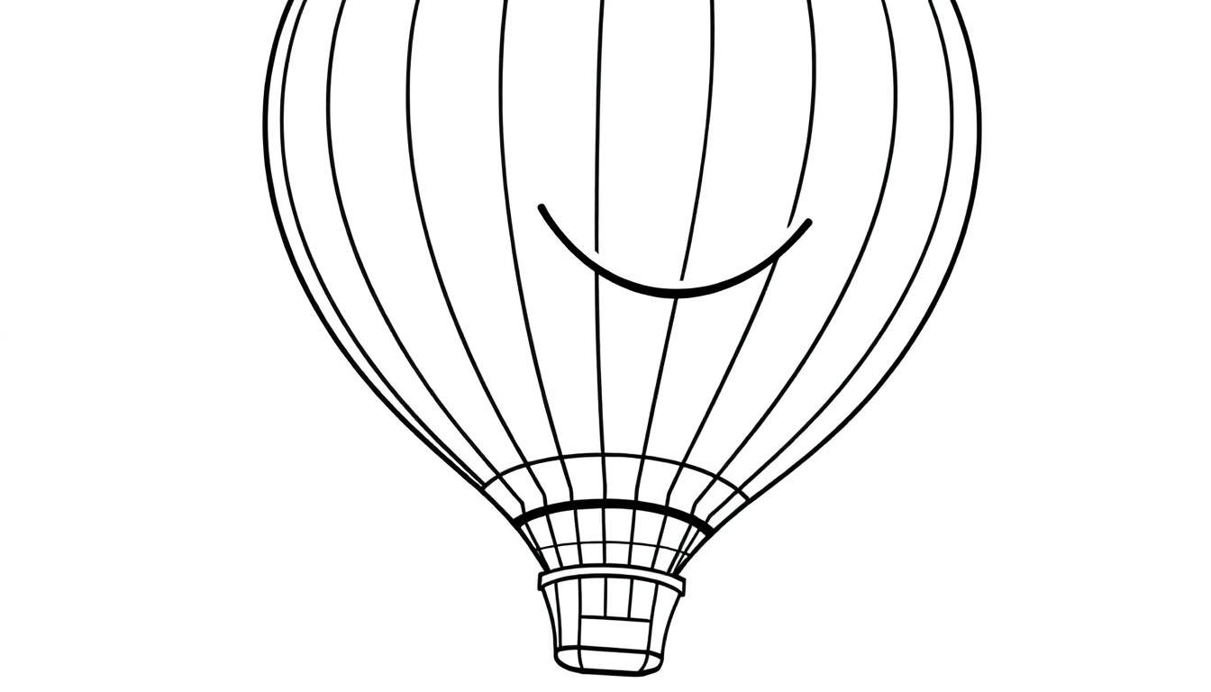 A simple black and white line drawing of a happy hot air balloon, ready for a color panel.