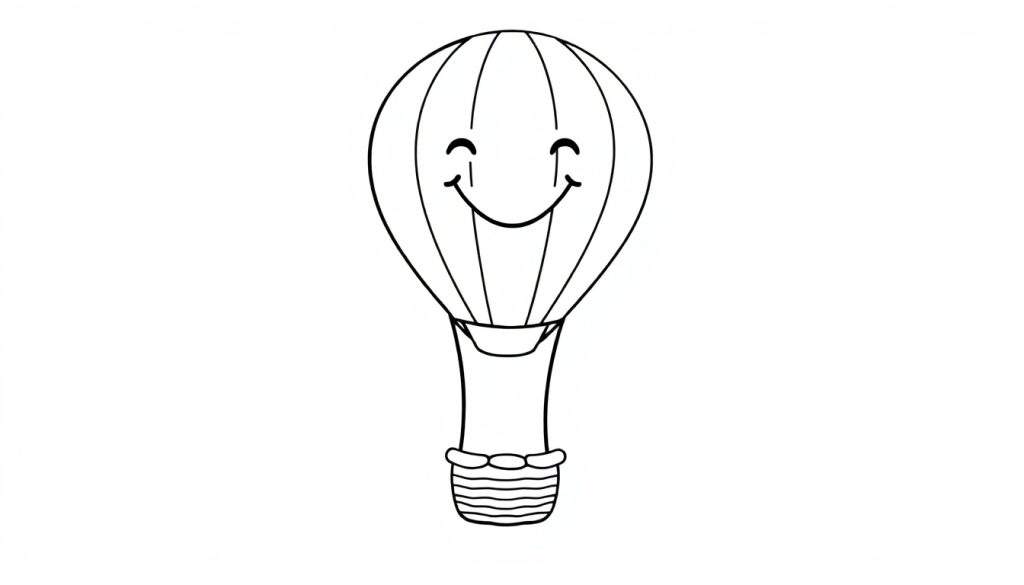 A cute black and white outline drawing of a hot air balloon with a smiling face, ready for coloring. This color panel features a cheerful balloon and basket.