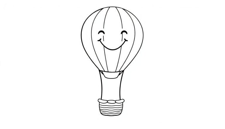 A cute black and white outline drawing of a hot air balloon with a smiling face, ready for coloring. This color panel features a cheerful balloon and basket.