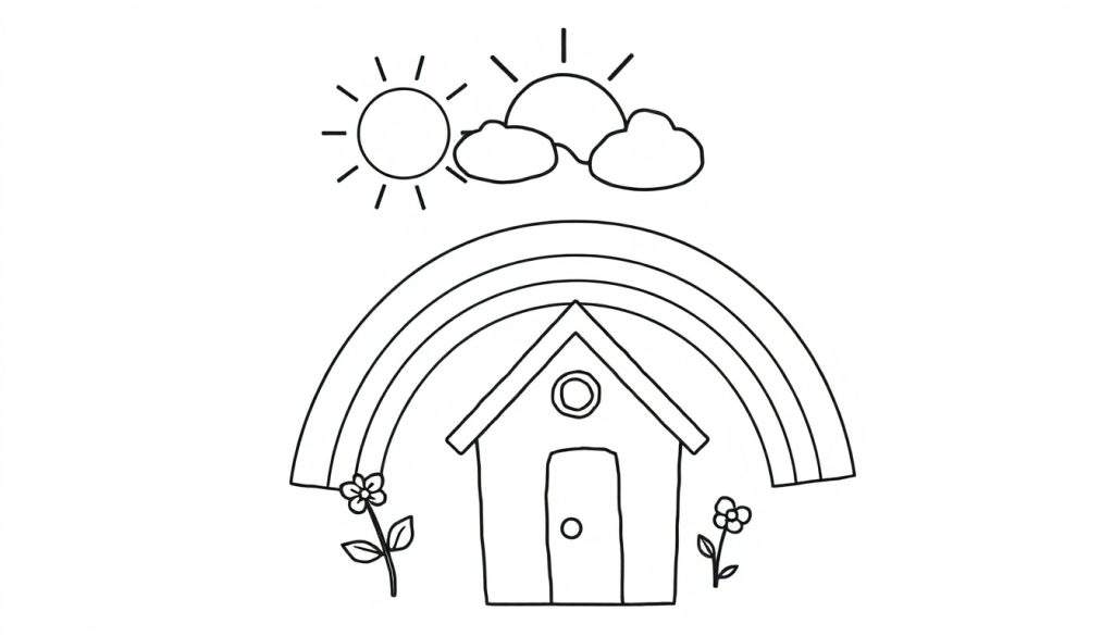 A black and white drawing of a sun, clouds, rainbow, house, and flowers for a color panel.
