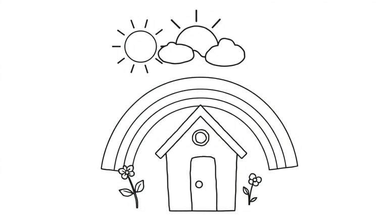 A black and white drawing of a sun, clouds, rainbow, house, and flowers for a color panel.