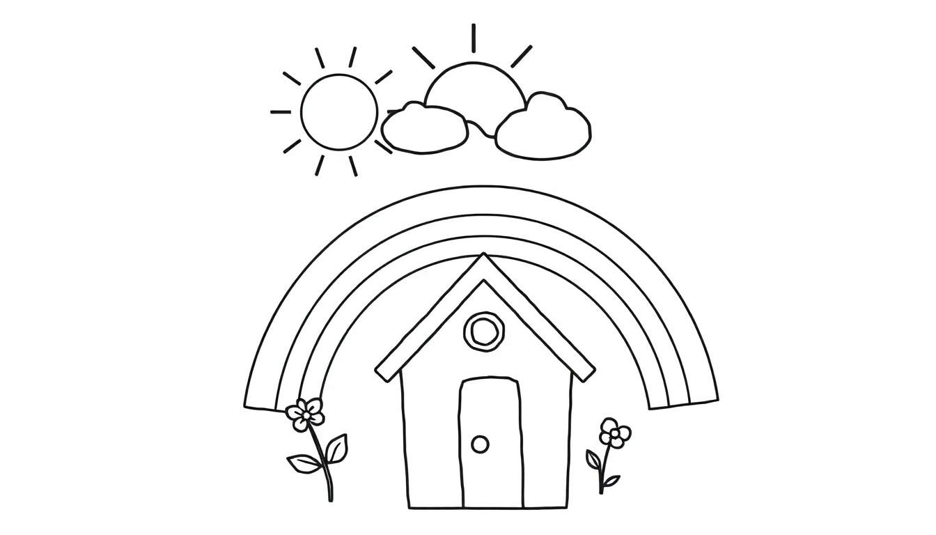 A black and white drawing of a sun, clouds, rainbow, house, and flowers for a color panel.