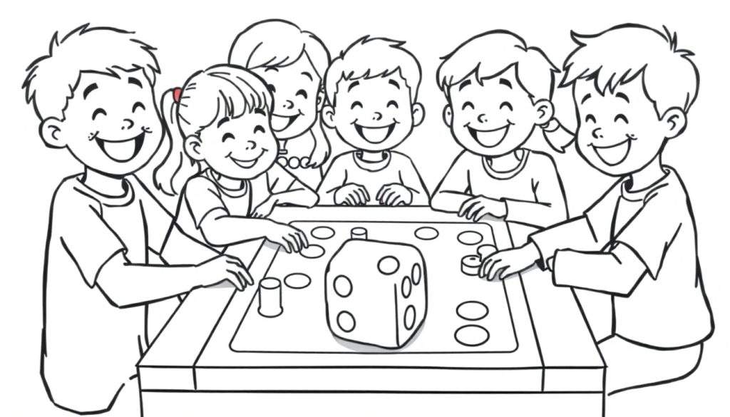 A cheerful black and white color panel illustration of kids playing a board game with a big friendly dice.