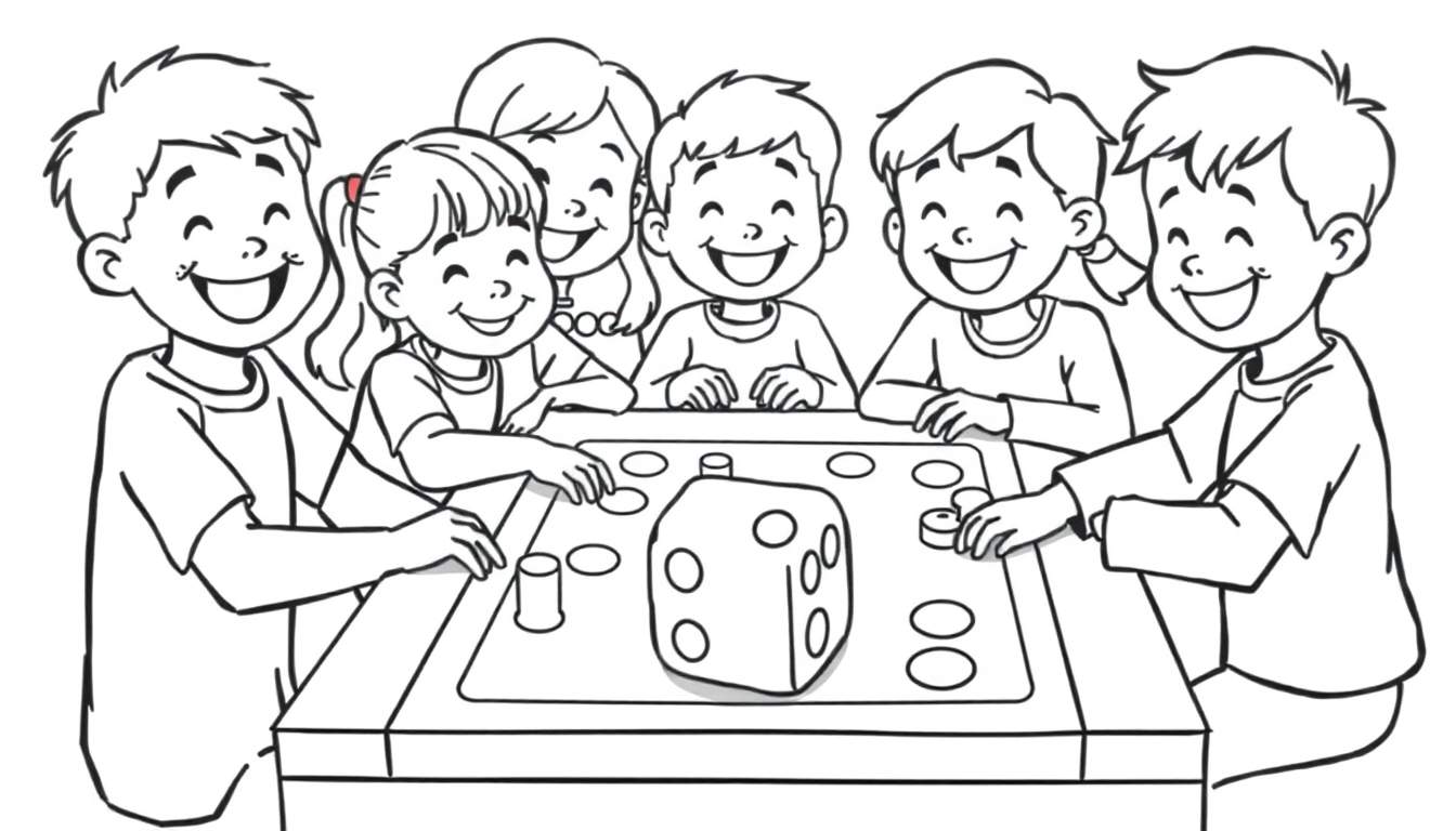 A cheerful black and white color panel illustration of kids playing a board game with a big friendly dice.