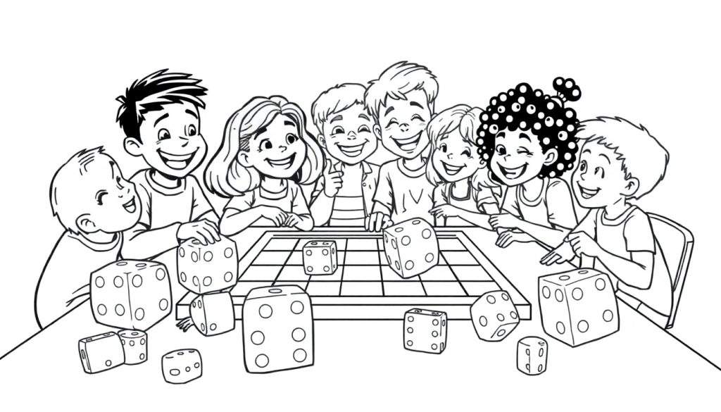 A cute black and white coloring page featuring a color panel of happy kids gathered around a table playing board games, surrounded by dice and game pieces.