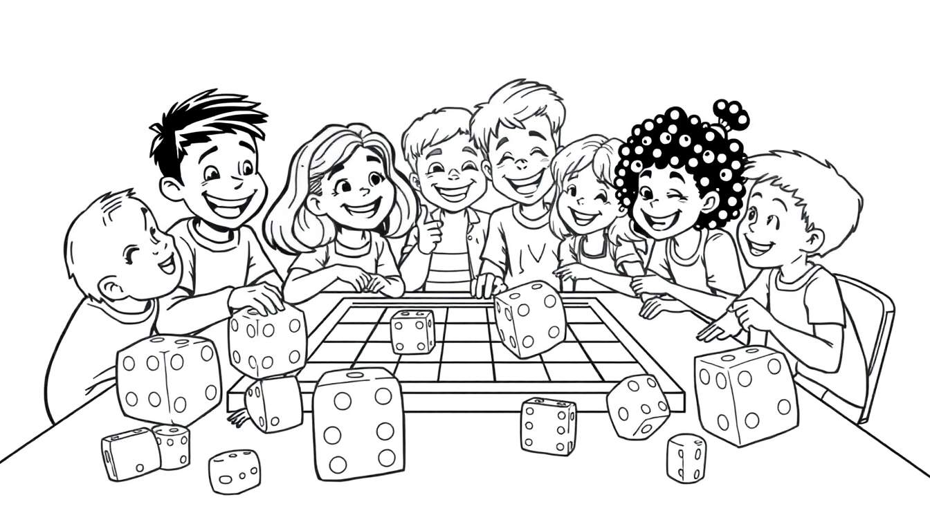 A cute black and white coloring page featuring a color panel of happy kids gathered around a table playing board games, surrounded by dice and game pieces.