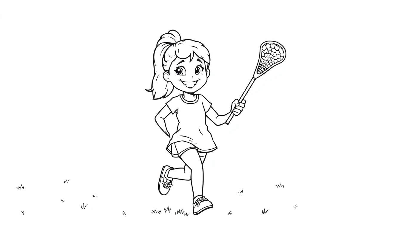 A black and white drawing of a happy girl playing lacrosse, ready for fun. This is a color panel for a coloring page.