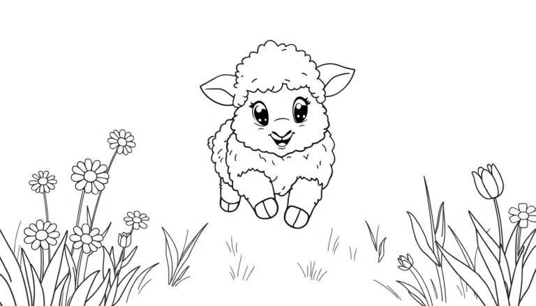 A cheerful cartoon lamb in a black and white color panel, frolicking amongst flowers.